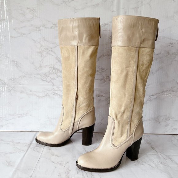 Chloe Shoes - Chloe Emma Western Heel Knee High Boot Beige Leather Suede EU 38 US 8 $1450